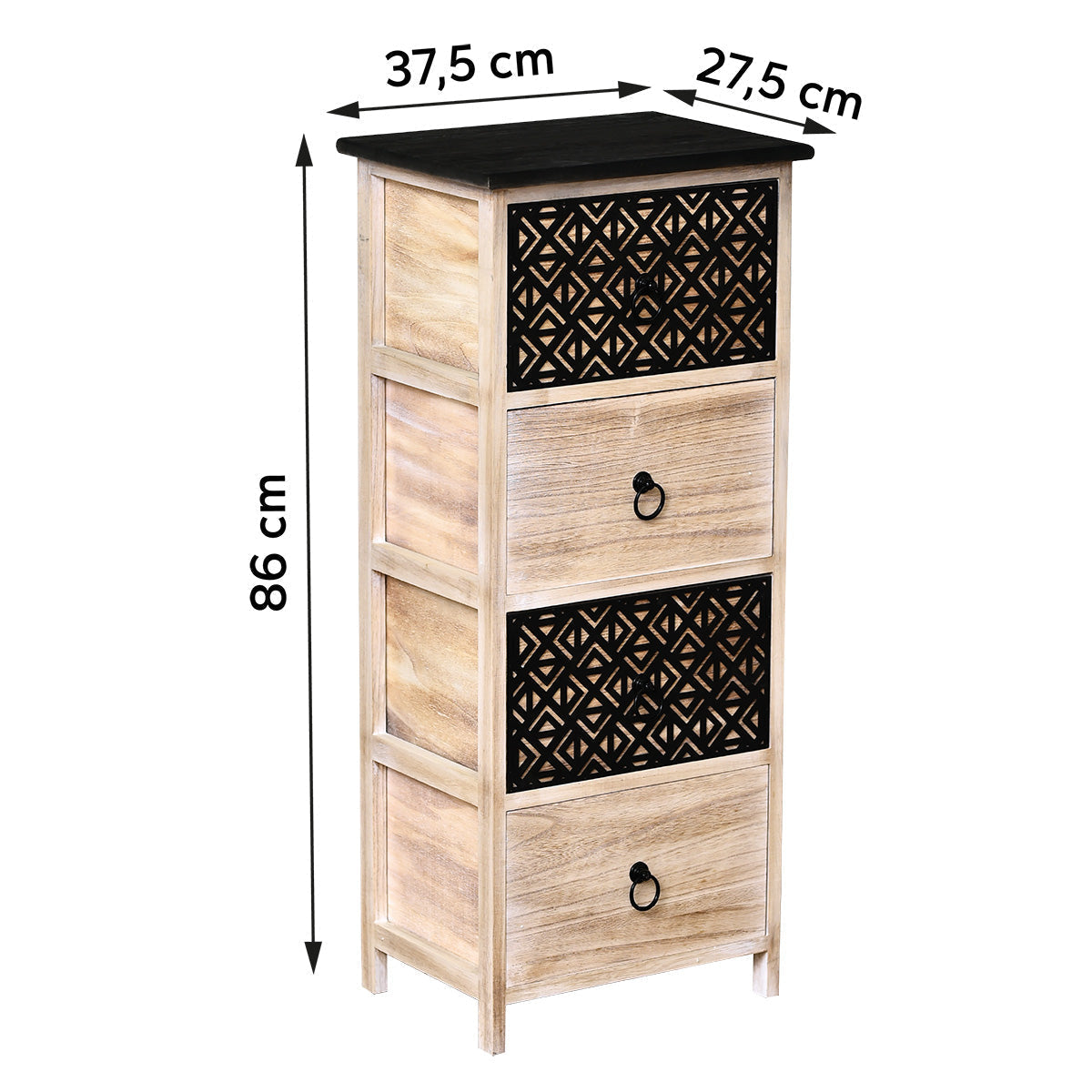 MDF és Paulownia bútor 4 fiókkal és fém fogantyúkkal – natúr/fekete gravírozással