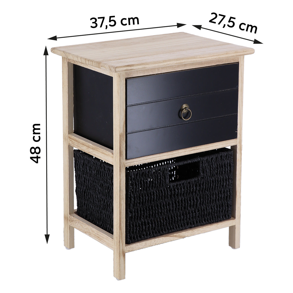 Kis Paulownia/MDF bútor 1 fiókkal, fekete fogantyúval és 1 papírkosárral - fekete