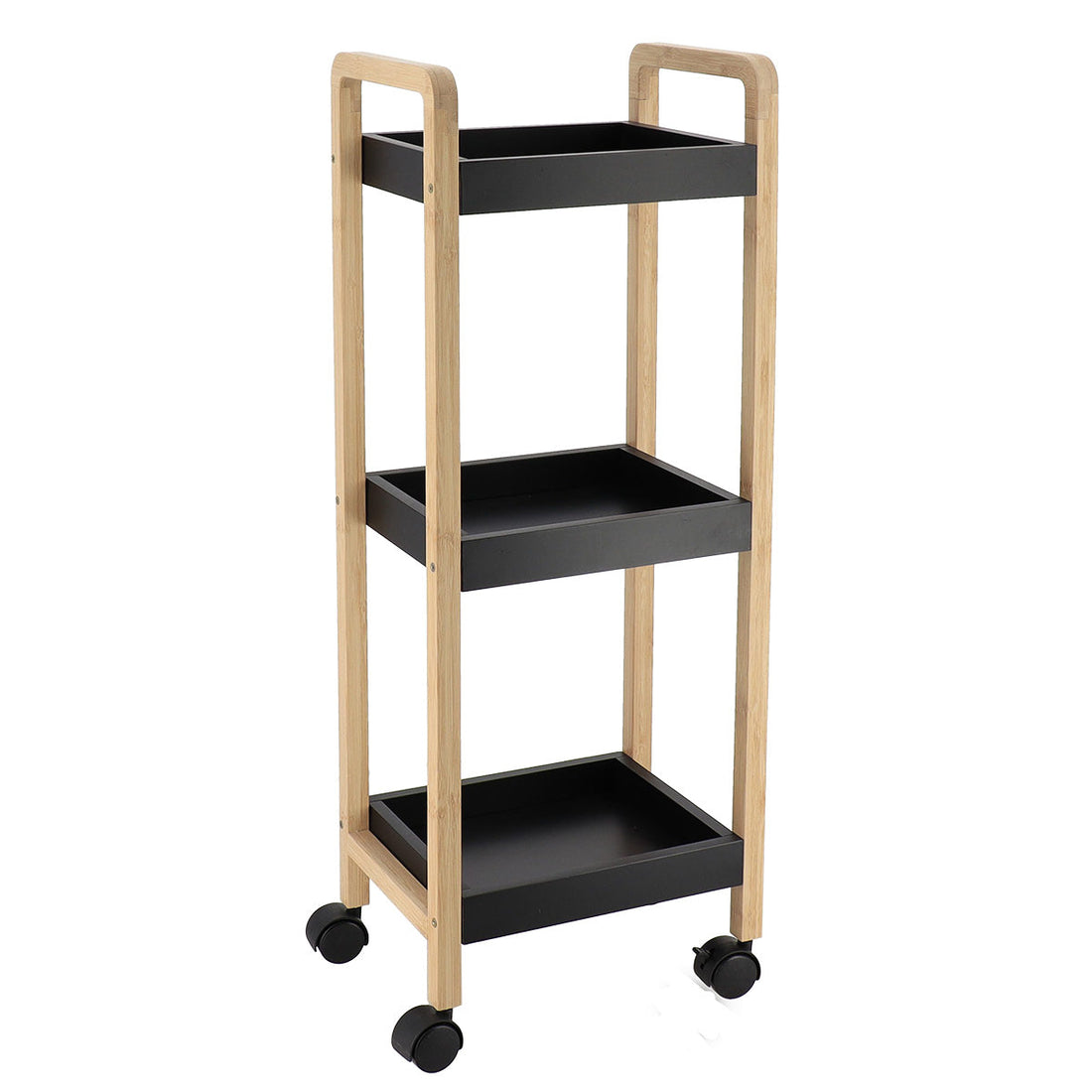 Bambusz+MDF tálalószekrény kerekeken 3 polccal - Bambusz/Fekete 