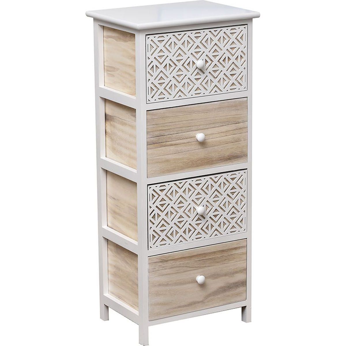 Paulownia Bútor - 4 Fiókos Fém Fogantyúkkal - Fehér/Szürke