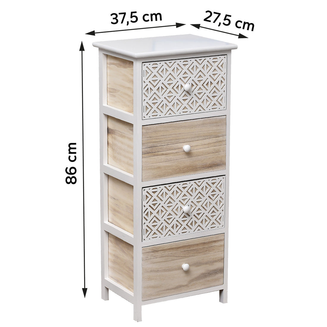 Paulownia Bútor - 4 Fiókos Fém Fogantyúkkal - Fehér/Szürke