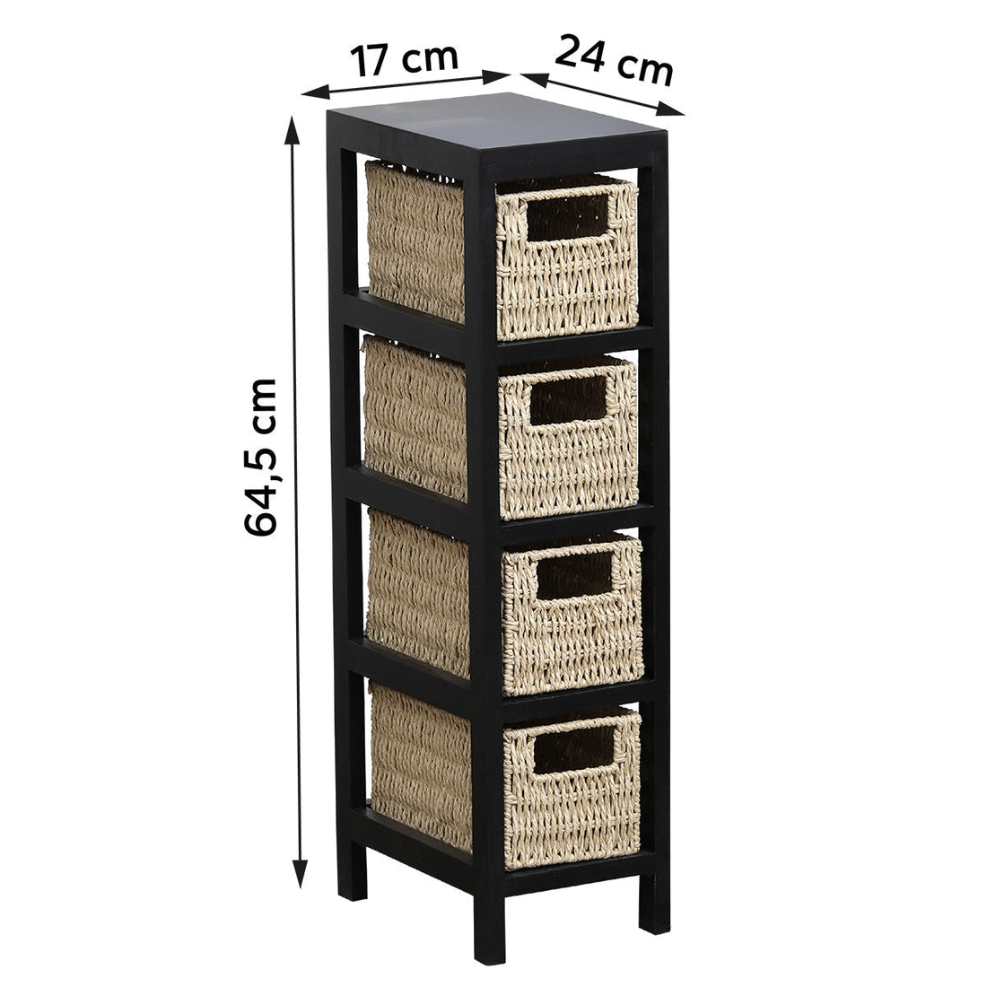 Fekete MDF/Paulownia Bútor 4 Szőtt Papírkosárral - Fekete/Natúr