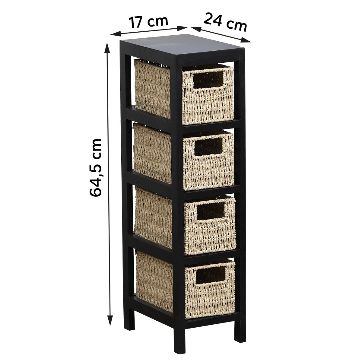 Fekete MDF/Paulownia Bútor 4 Szőtt Papírkosárral - Fekete/Natúr